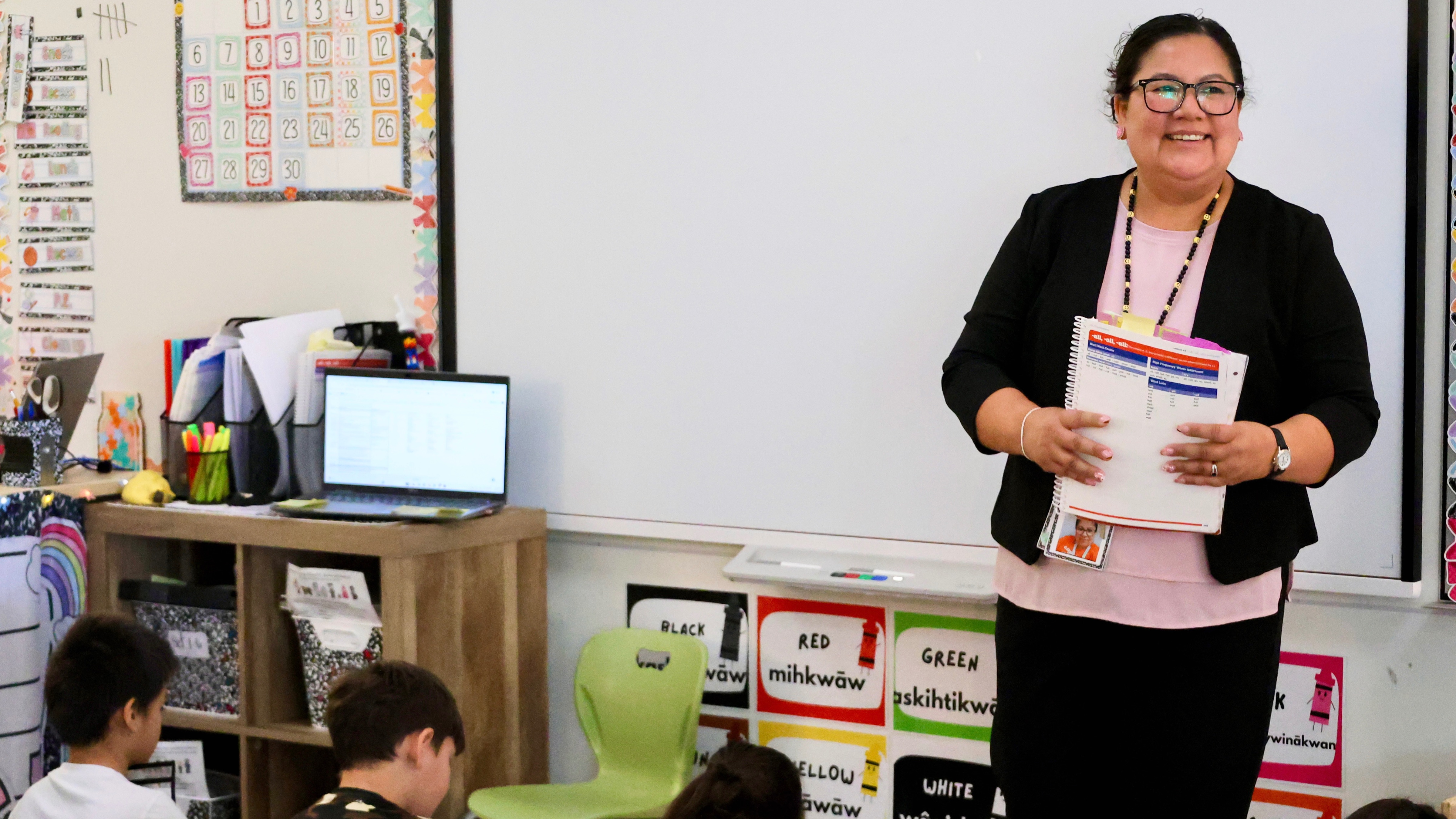Amanda Jobb in her Grade 2 classroom at awâsisak kâ-nîmîhtocik St. Francis School