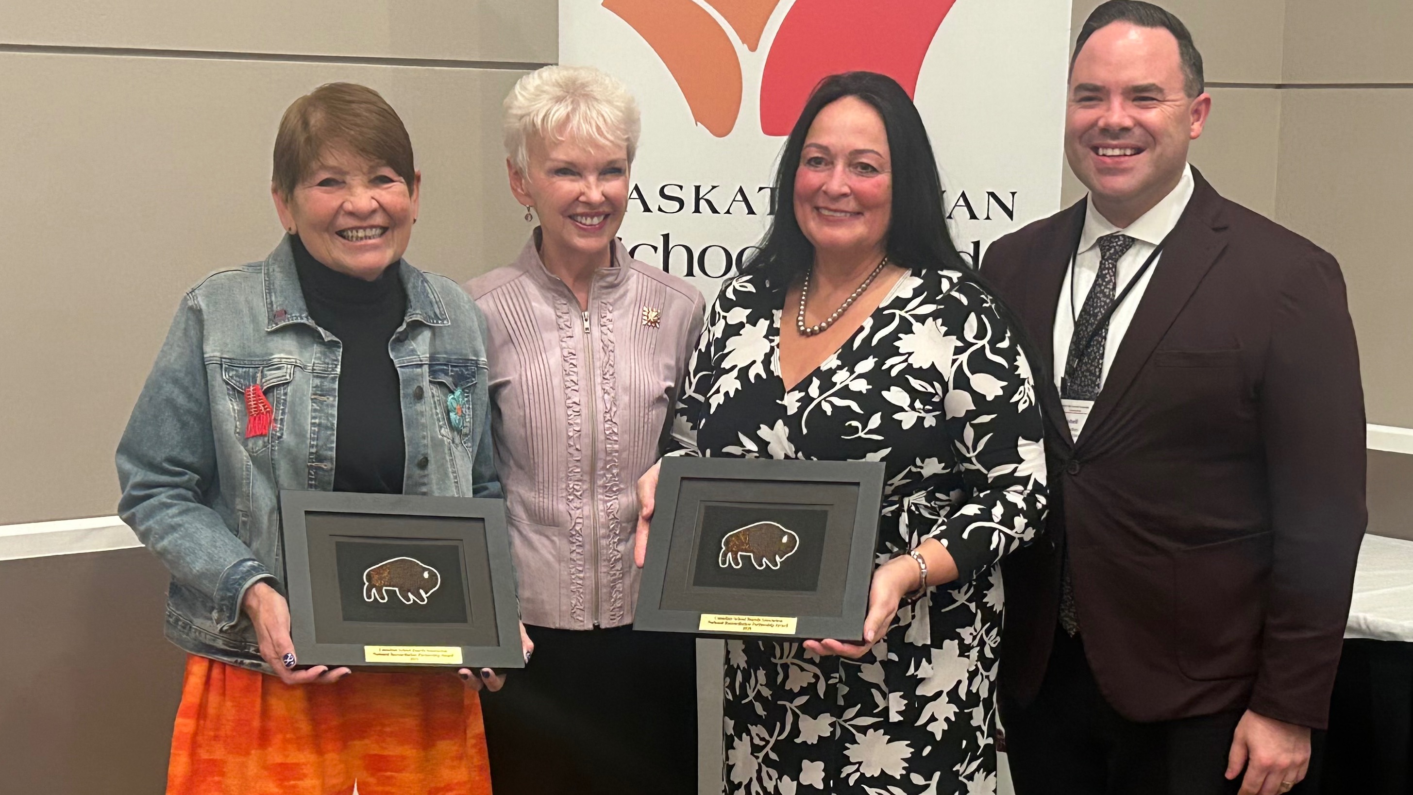 CSBA National Partnership Award presentation (l-r) CUMFI president Shirley Isbister; Lieutenant Governor of Saskatchewan Her Honour the Honourable Bernadette McIntyre; GSCS board chair Diane Boyko, CSBA president Alan Campbell